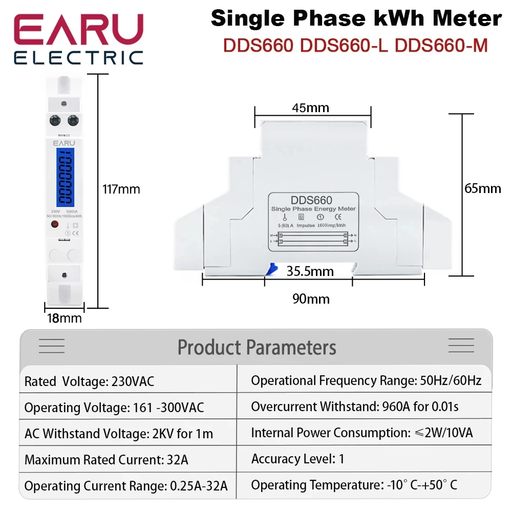 Imagem -02 - Digital Power Consumption Wattmeter Analógico Energy Meter Lcd Electric Din Rail Monofásico 1p Backlight Kwh ac 230v 50hz 18 mm