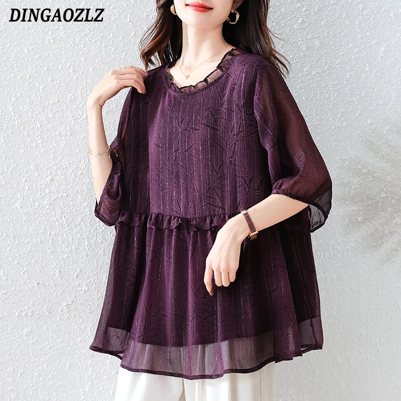 

2025 Summer Women Shirt High-end Bright Silk Casual Loose Tops Ruffles Collar 3/4 Sleeve Chiffon Shirt