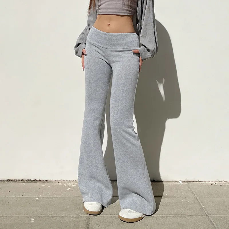 Solid color thin velvet casual pants, low waist versatile bell bottom pants, slim fit bottom woolen pants for women