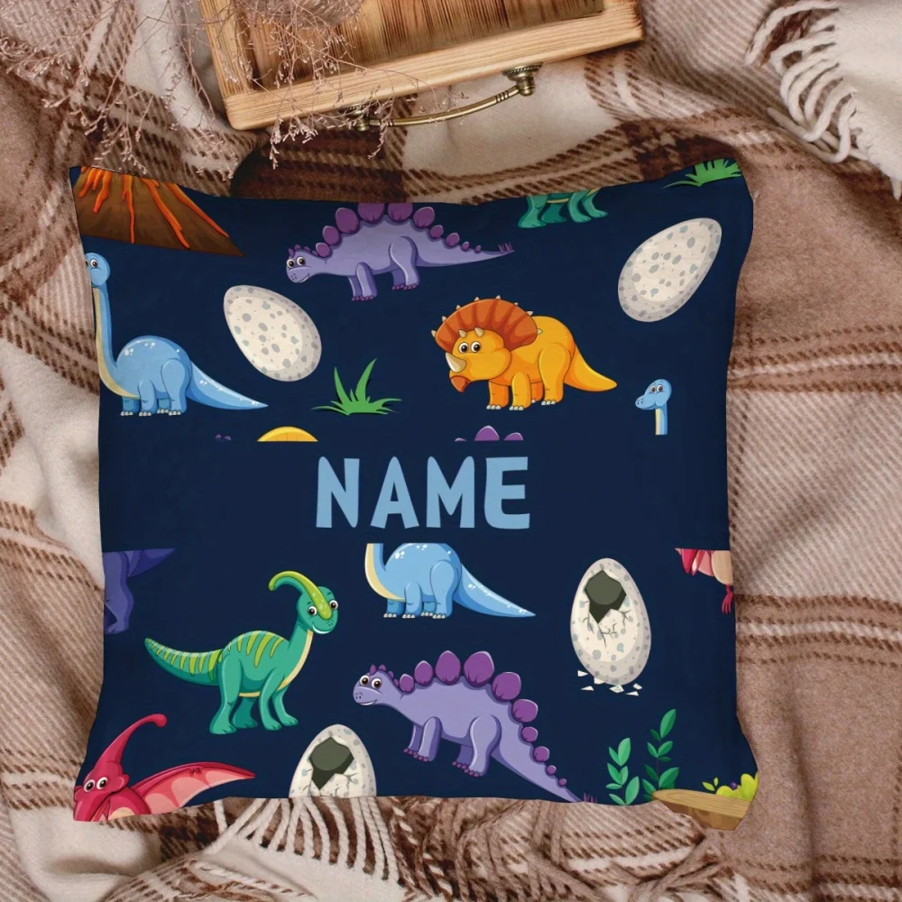 1Pc Customizable Dinosaur Volcano Printed Throw Pillow,Personalized Name Text,Double-Sided Design Zipper Closure,Home Sofa Decor