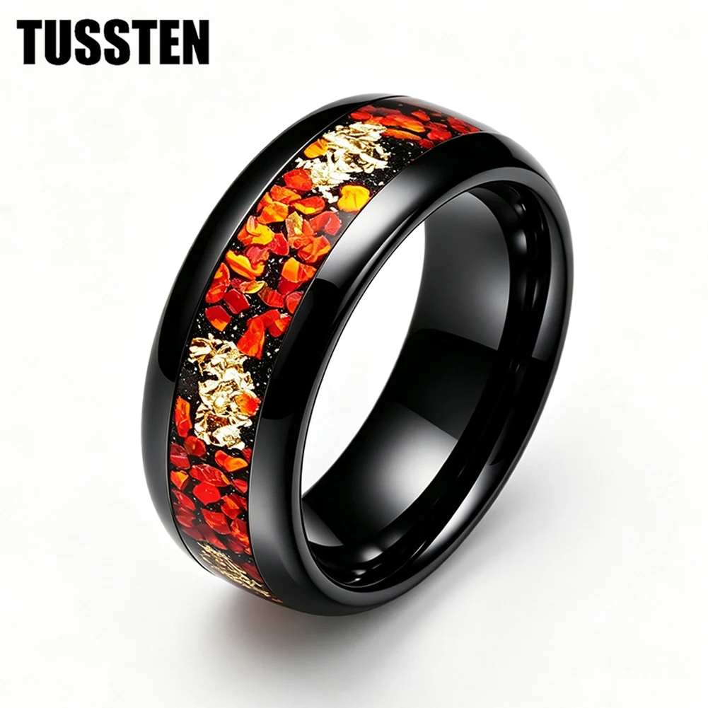 TUSSTEN 4/6/8MM Dome Edges Mens Womens Fashion Engagement Wedding Band Opal And Gold Foil Inlay Tungsten Carbide Rings