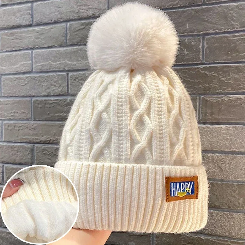 Winter Warm Female Fur Pom Poms Hat Winter Hat for Women Girl \'s Cap Knitted Classic Beanies Cap Hats Thick Women Skullies