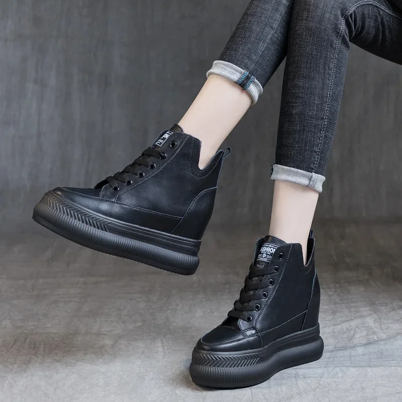 10CM Platform Wedge Sneakers Women Shoes Genuine Leather Lace Up Spring Autumn Winter Shoes Winter Shoes Soft Leather Punk