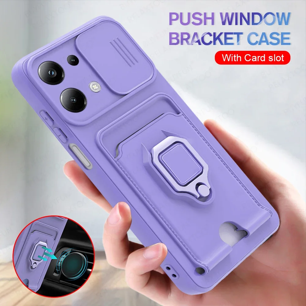 Slide Camera Protect Silicone Case For Xiaomi Poco M6 Pro 4G PocoM6Pro Little M6Pro Car Magnetic Ring Holder Card Wallet Cover