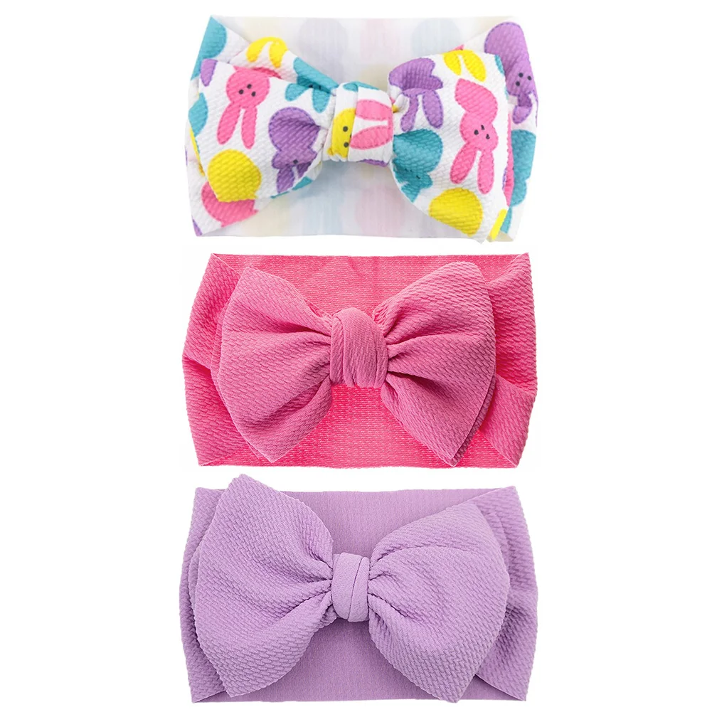 3Pcs/Set Rabbit Print Easter Day Baby Headbands Egg Cow Elastic Hairbands Bows Headwraps Bullet DIY Hair Ties Party Accessories