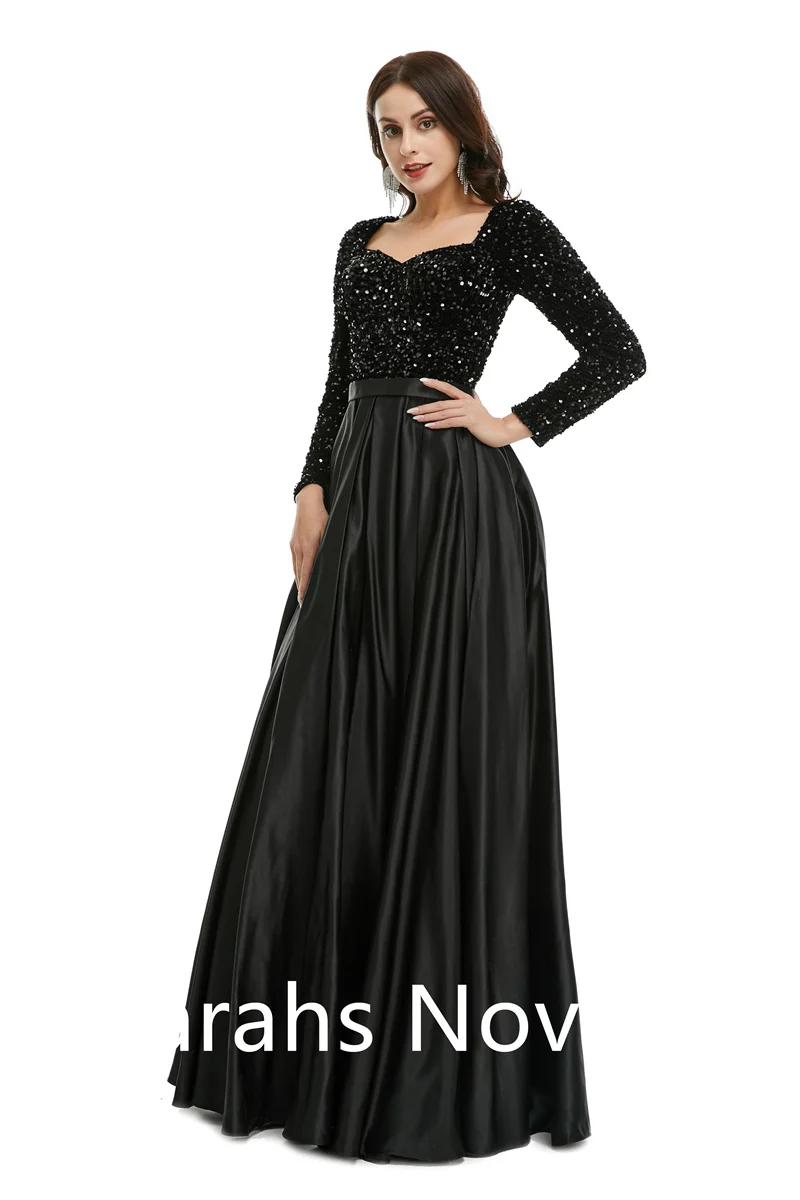 Black Sequins Long Modest Mother Of Bride Dresses With Long Sleeves  Sweetheart A-line Floor Length Satin Women Evening Party