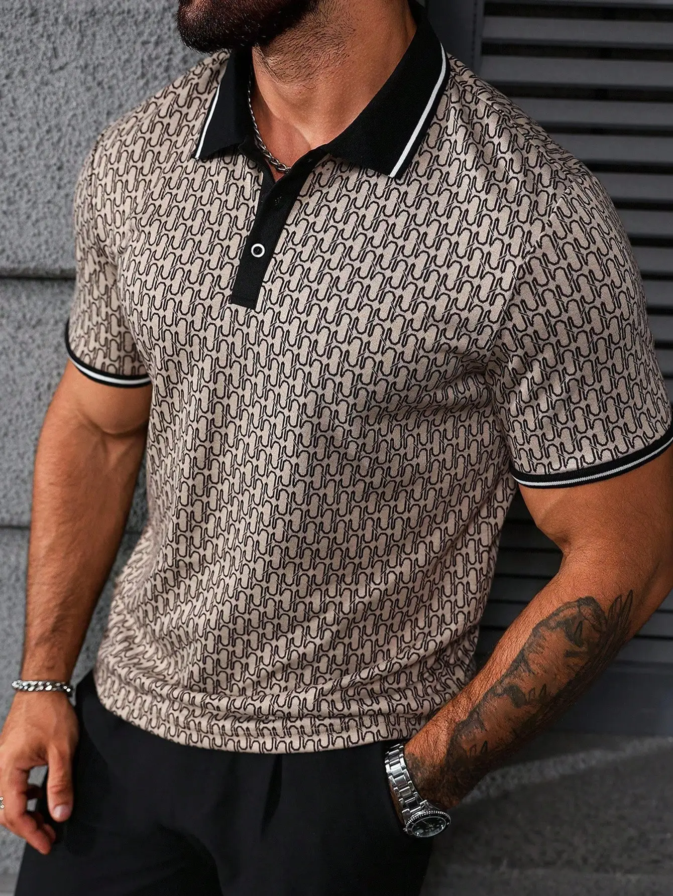 

Men's Geometric Print Polo Shirt with Contrast Trim, Casual Short Sleeve