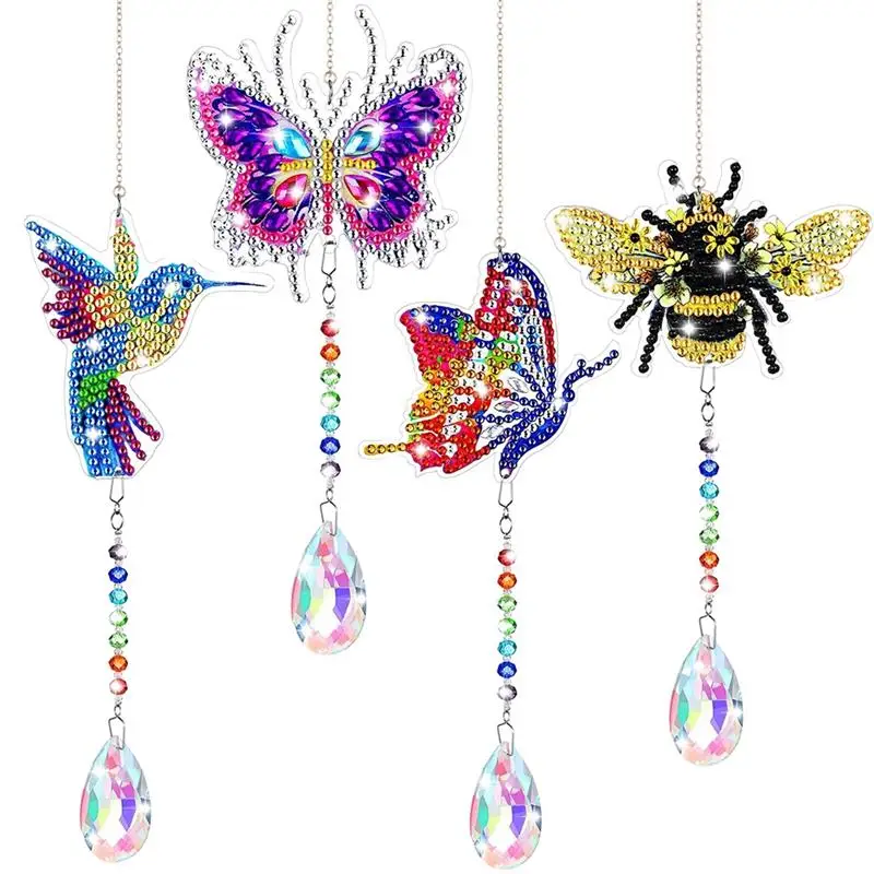 4Pcs Diamond Picture Key Chains DIY Diamond Art Wind Chimes Double Sided Rhinestone Cartoon Animal Butterfly Diamond Picture