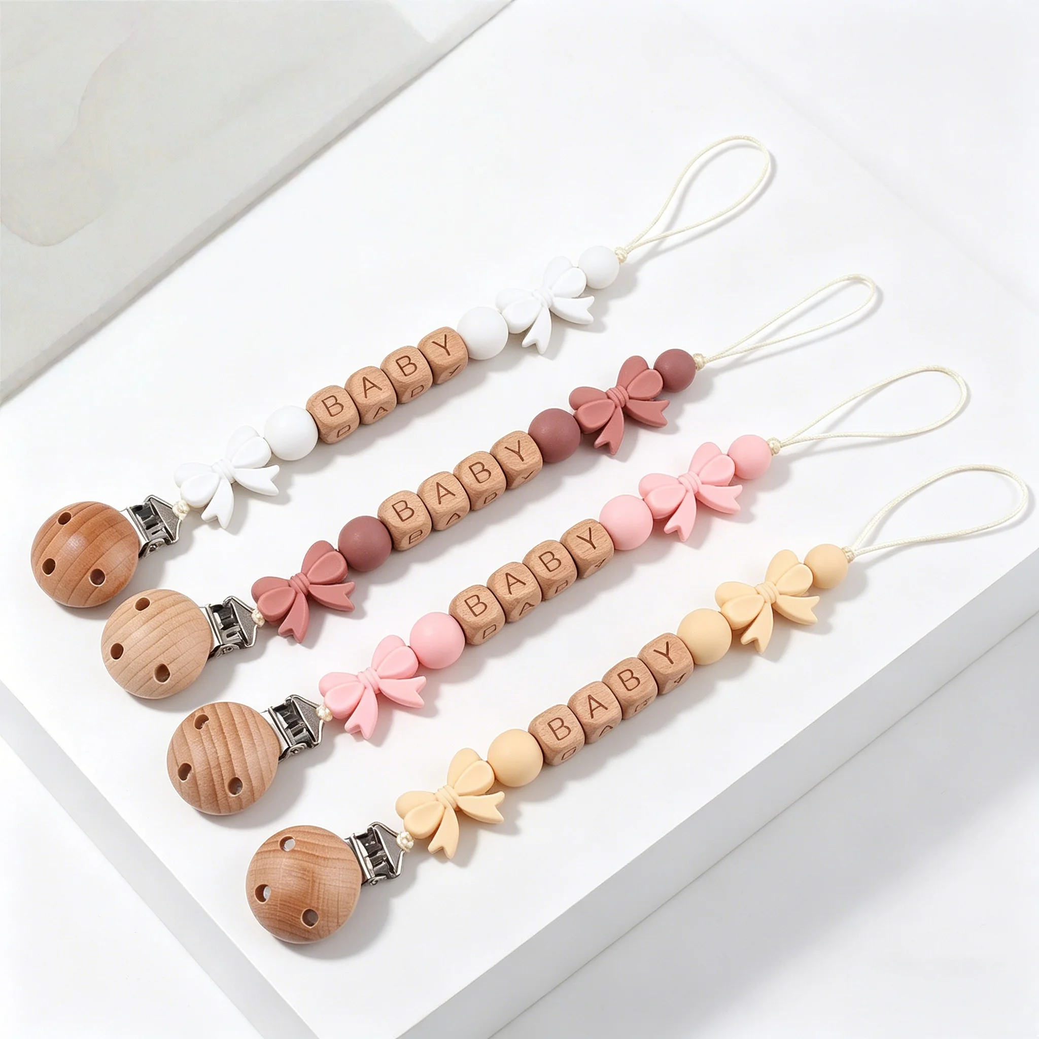 

Customizable Name Baby Pacifier Chain Food Grade Bowtie Silicone Anti-drop Clip Teething Toy Lanyard for Newborn