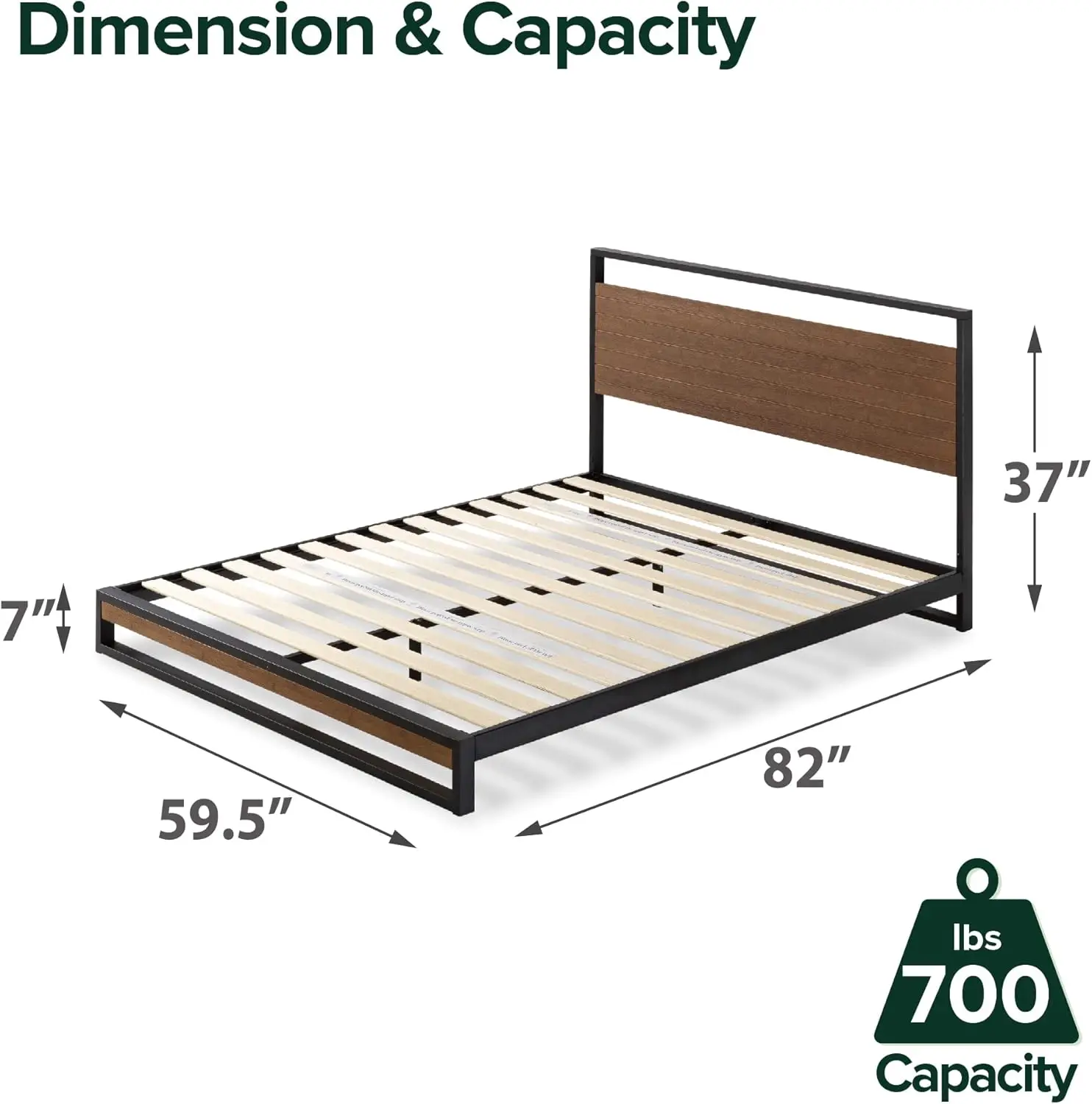 37 Inch Bamboo and Metal Platform Bed Frame, Solid Steel Construction, No Box Spring Needed, Wood Slat Support, Easy Assembly, C