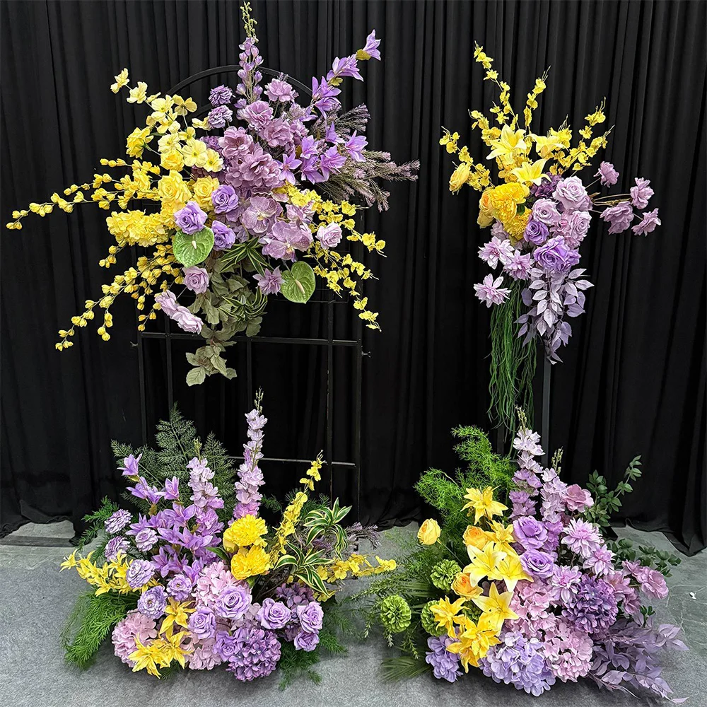 

Роскошный желтый фиолетовый искусственный подвесной пол цветочный ряд свадьба помолвка день рождения фон для декора прохода реквизит