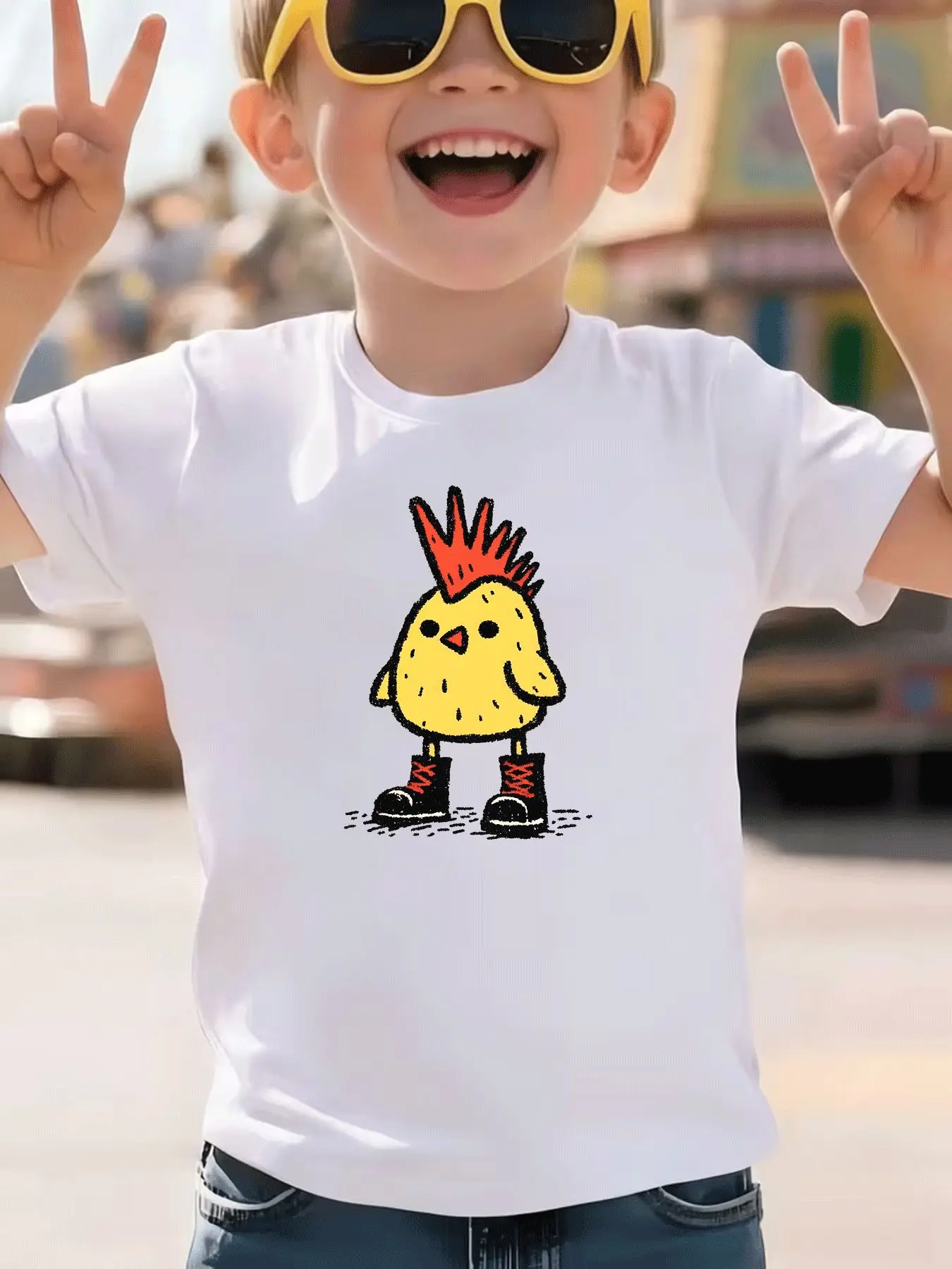 Casual Children's T-shirt Trendy Punk Chicken Print, Breathable Fabric Summer Street Style, Holiday Gift, Parent-child Clothing