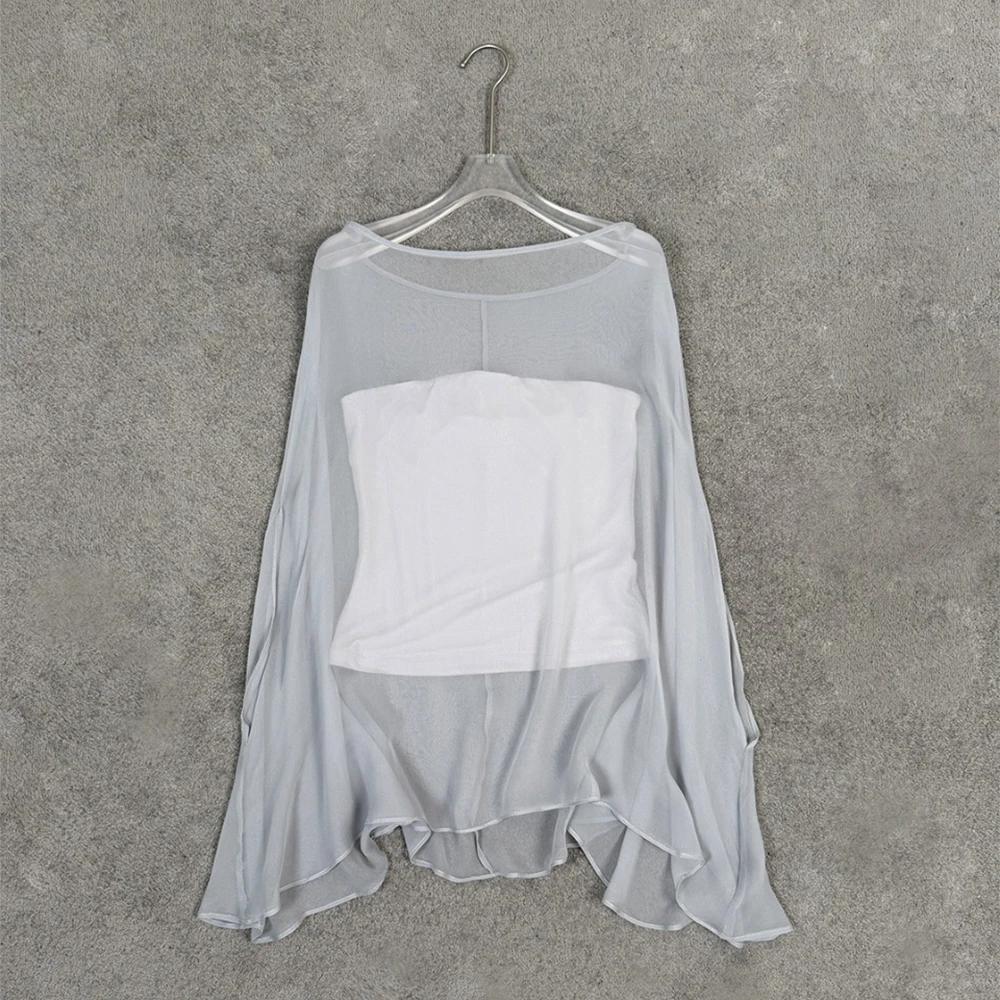 Women 100% Silk Sheer Chiffon Blouse Boat Neck Long Flare Sleeve Loose Irregular Hem See Through Flowy Beach Cover Up Top