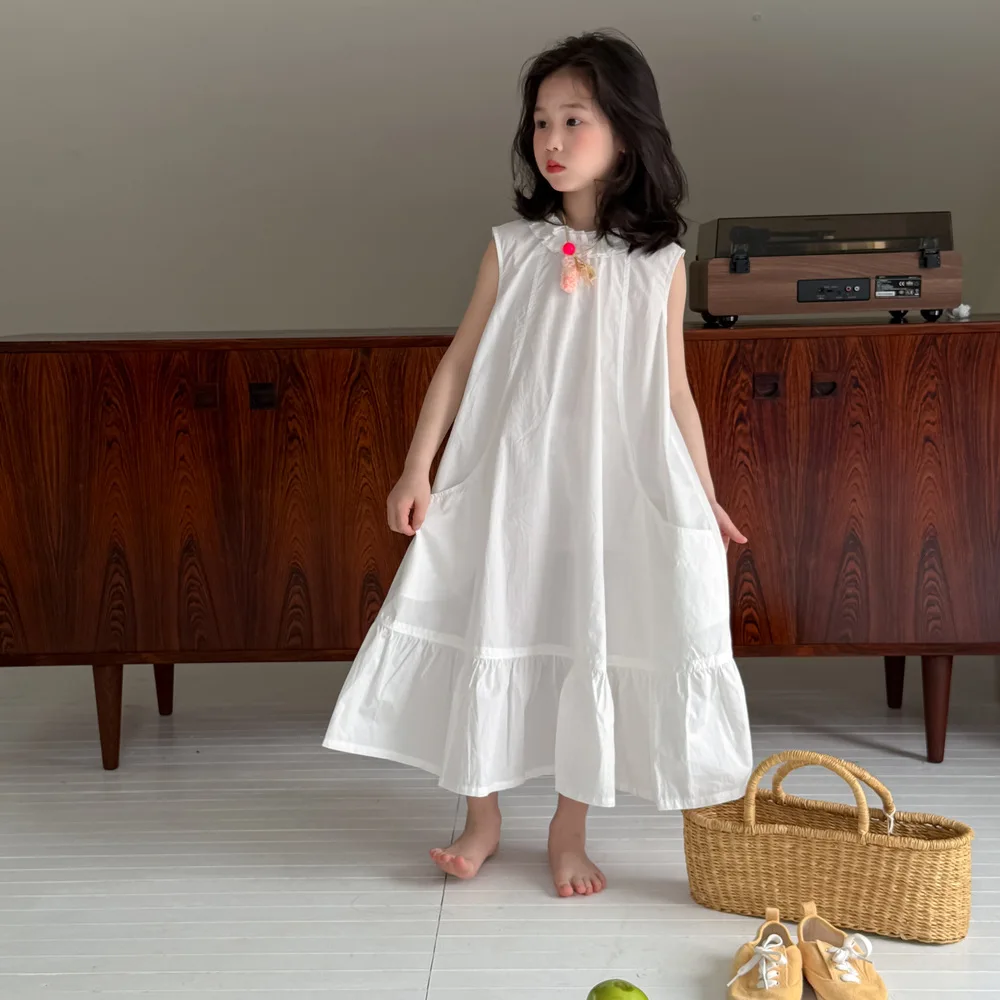 

Girls Set 2025 Summer New Childrens Wear Korean Style Girl Baby Solid Color Lace Collar Sleeveless Princess Dress Casual Simple