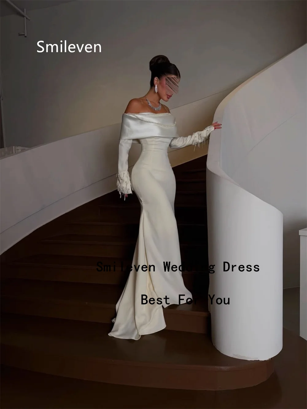 Smileven Ivory Satin Mermaid Wedding Dresses Off‑the‑Shoulder Long Sleeve Bridal Dress Pearl Beaded Fitted Gowns Customized