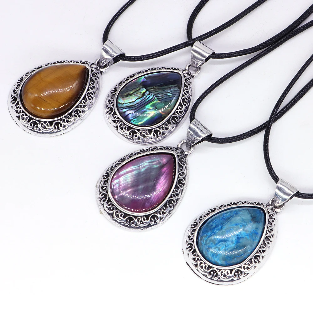 Wholesale Natural Stone Necklace Water Drop Crystal Opal With Leather Chain Fashion Pendants Reiki Healing Gemstones Gift Women