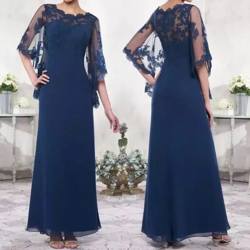 Vestido azul marino para madre de la novia, cuello redondo, gasa, línea A, capa, Media manga, Apliques de encaje, vestidos formales de noche de boda para madre, nuevo