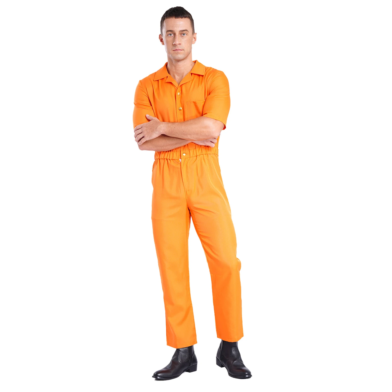 Mens Adult Inmate Jail Halloween Cosplay Costume Convict Detainee Outfit Prisoner Jailbird Jumpsuit Short Sleeve Print Overalls