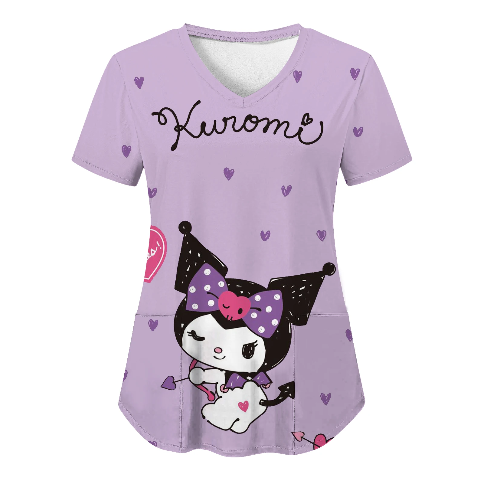 Hello Kitty Kuromi Sanrio Summer Nurse Uniform Women T-shirts Pocket Hospital T-shirt HD Print Cartoon Top V Neck Y2k New Pocket