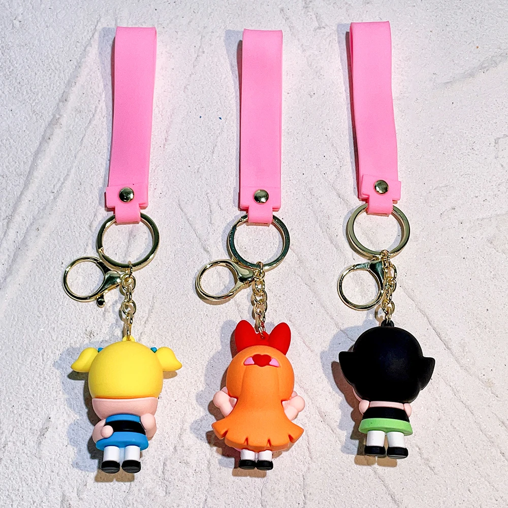 The Powerpuff Girls Creative Keychain for Women Men Fans Cartoon Cute Silicone Doll Pendant Keyring Gifts Keys Holder