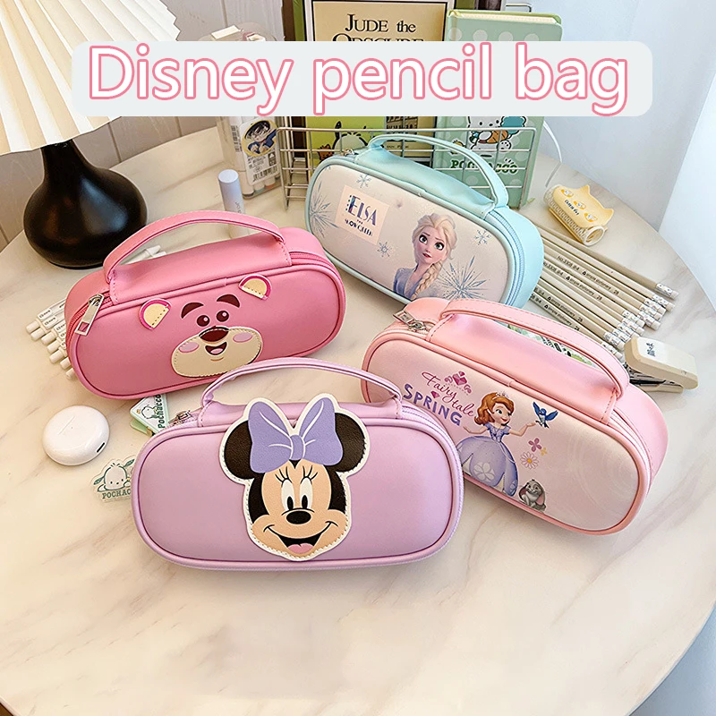 Disney Minnie Mouse Elsa Pencil Bag Cartoon Large Capacity PU Leather Stationery Box School Students Handbag Pen Storage Case