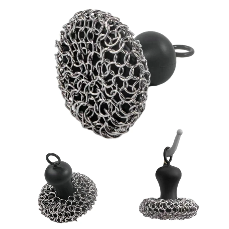 1pc Cast Iron Scrubber Pan Scraper Chainmail Scrubber With Silicone Handle Easy To Use Dishwasher Safe Cleaning Tools