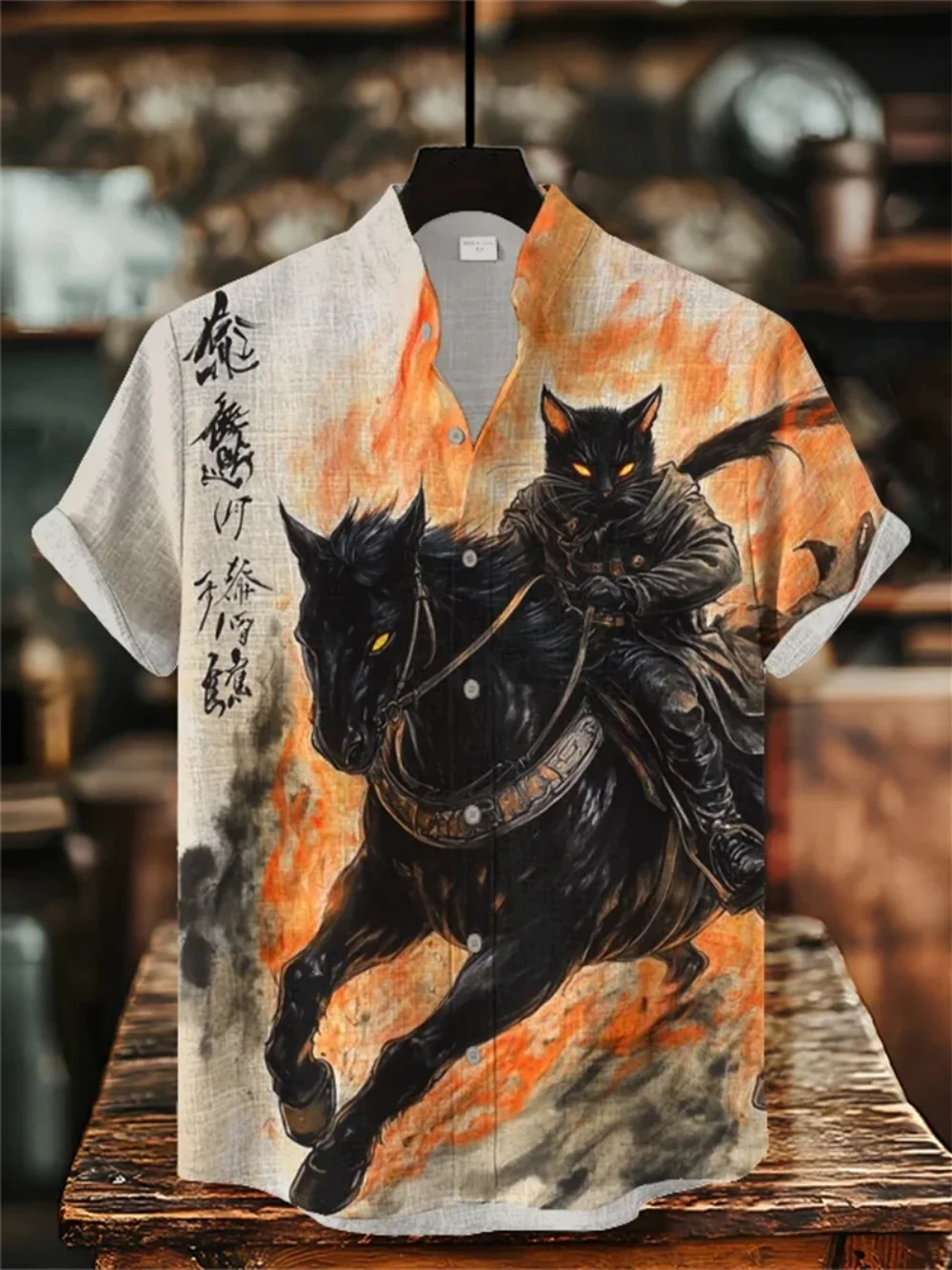 

Men's Summer Casual Short Sleeve Linen Shirt Fashionable Stand-up Collar Japanese Retro Samurai Cat Printed Cardigan