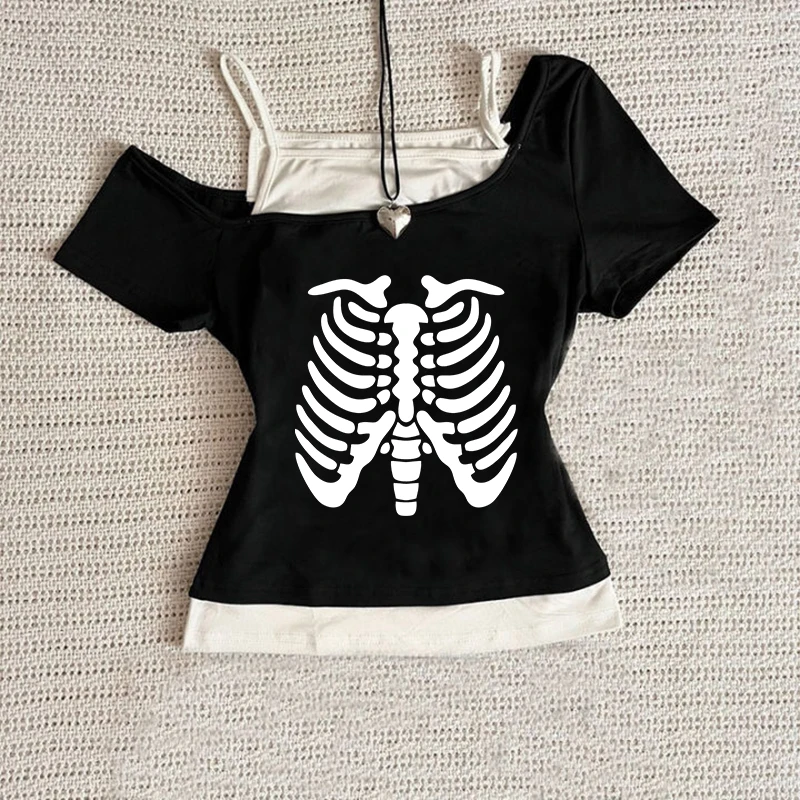 Harajuku الجمالية عادية تي شيرتات قصيرة الاكمام Y2K الإبداعية الجمجمة نمط طباعة المرأة المحاصيل الأعلى موضة مثير سليم س الرقبة الطفل المحملة #4