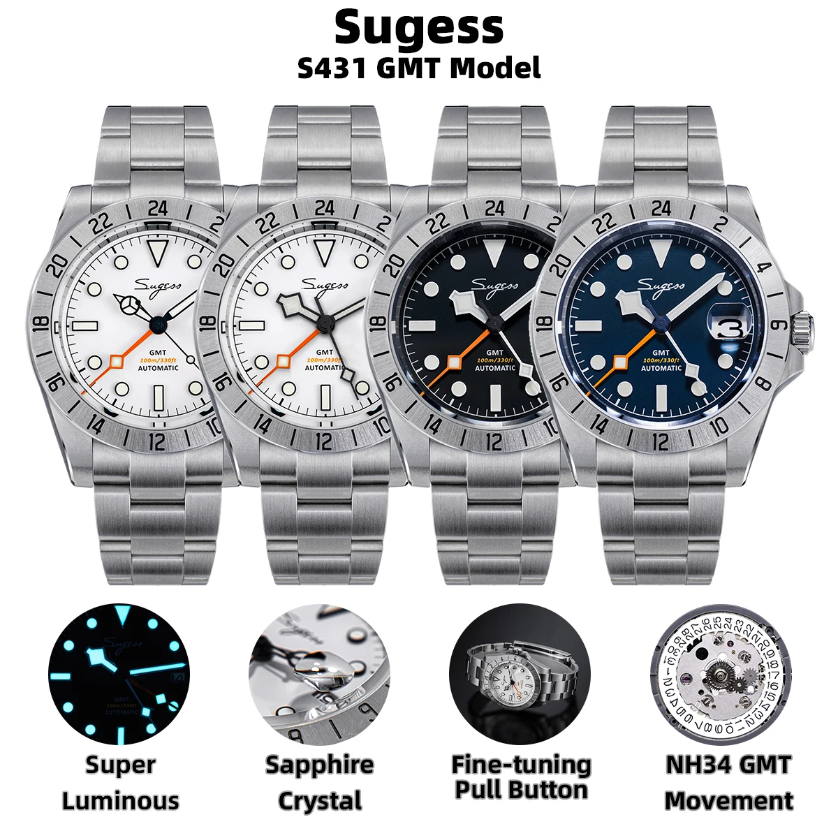 gmts様 Sugess Men Watch GMT Automatic NH34 Movement 100M Waterproof