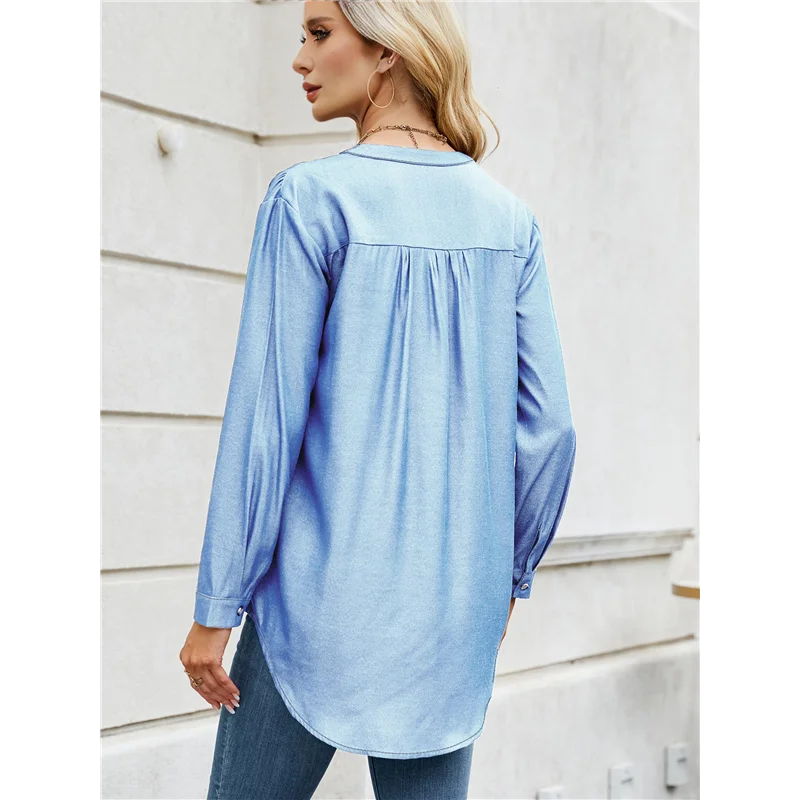 

ASDS-Womens V Neck Shirts Long Sleeve Collared Tops Loose Casual Tunic Blouses With Pocket