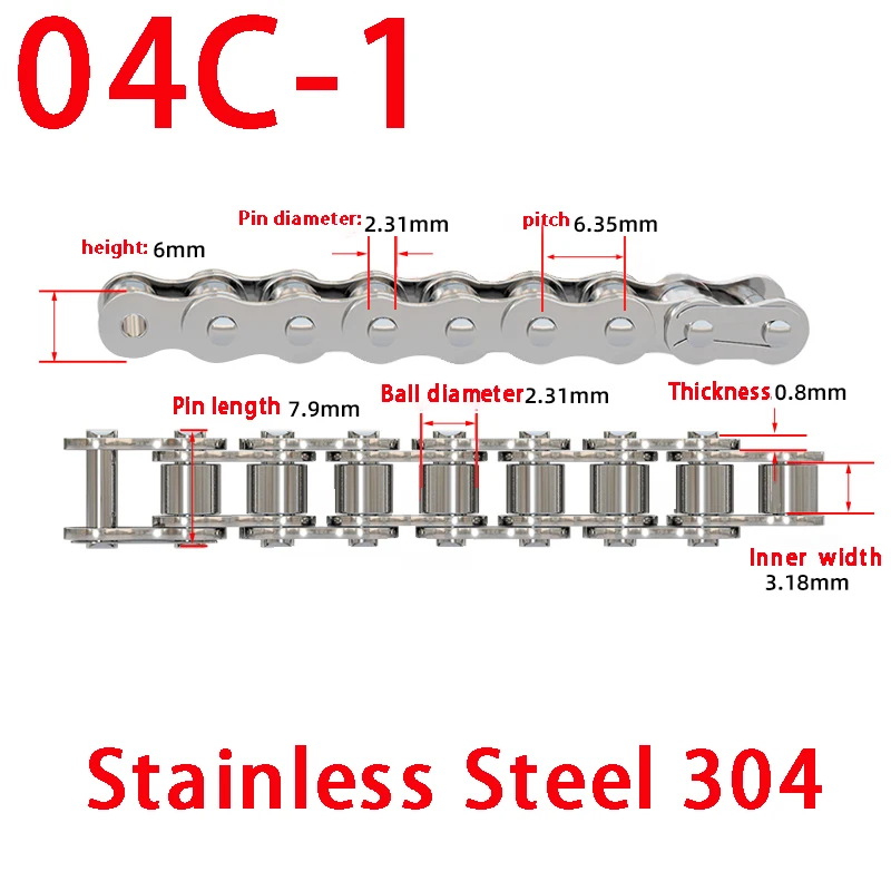 

1PC 1.5 Meter 304 Stainless Steel Short Pitch Roller Chain Industrial Transmission Drive Chain 04C