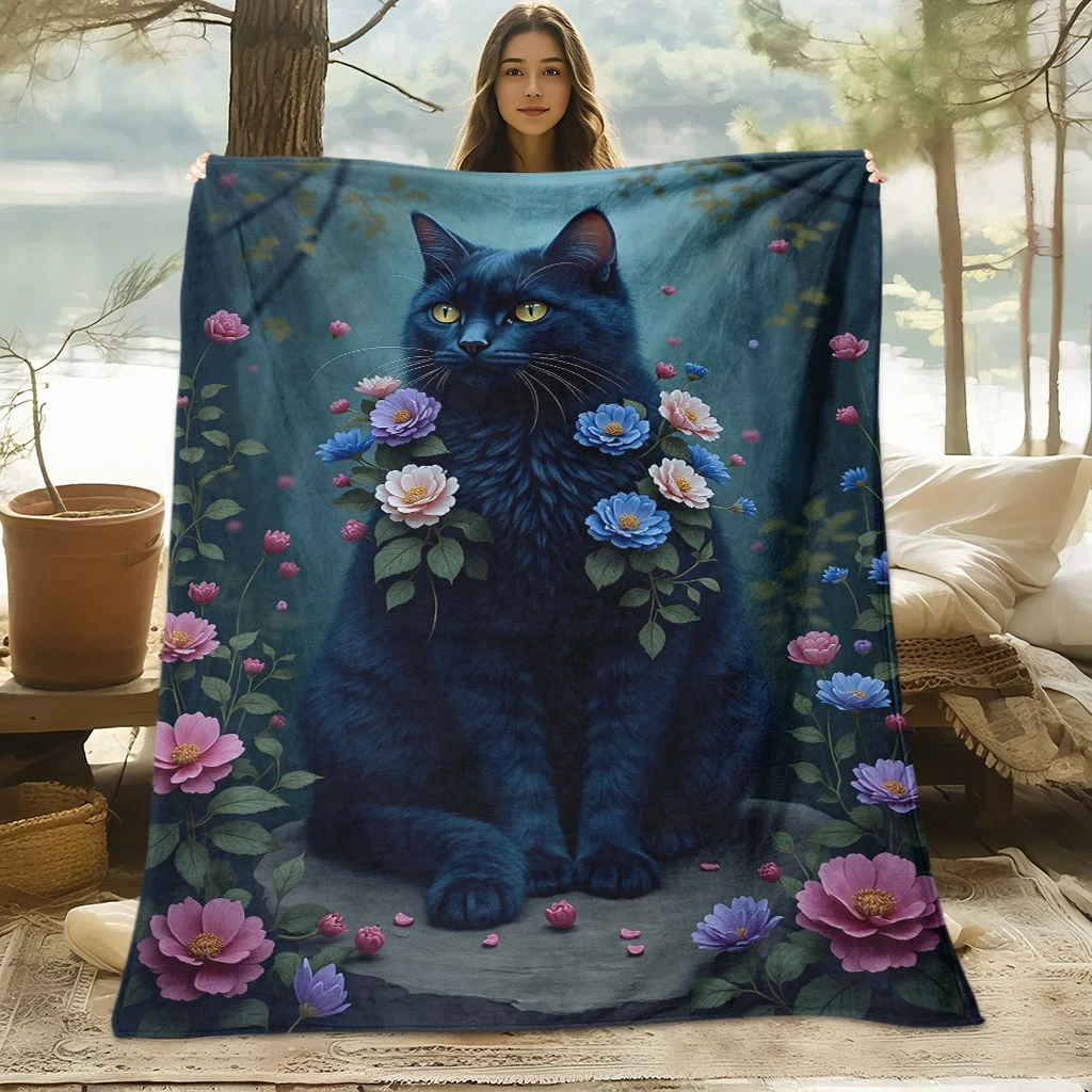 

Top pick1pc Black Cat Floral Flannel Blanket 100% Polyester Breathable All-Season Family Friends Gift