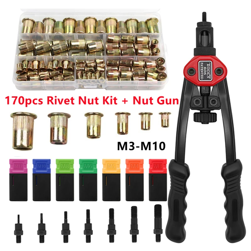 

170pcs M3 M4 M5 M6 M8 M10 Rivet Nut Kit + Hand Threaded Rivet Nuts Gun BT606 Manual Riveter Gun Riveting Rivnut Rivet Tool