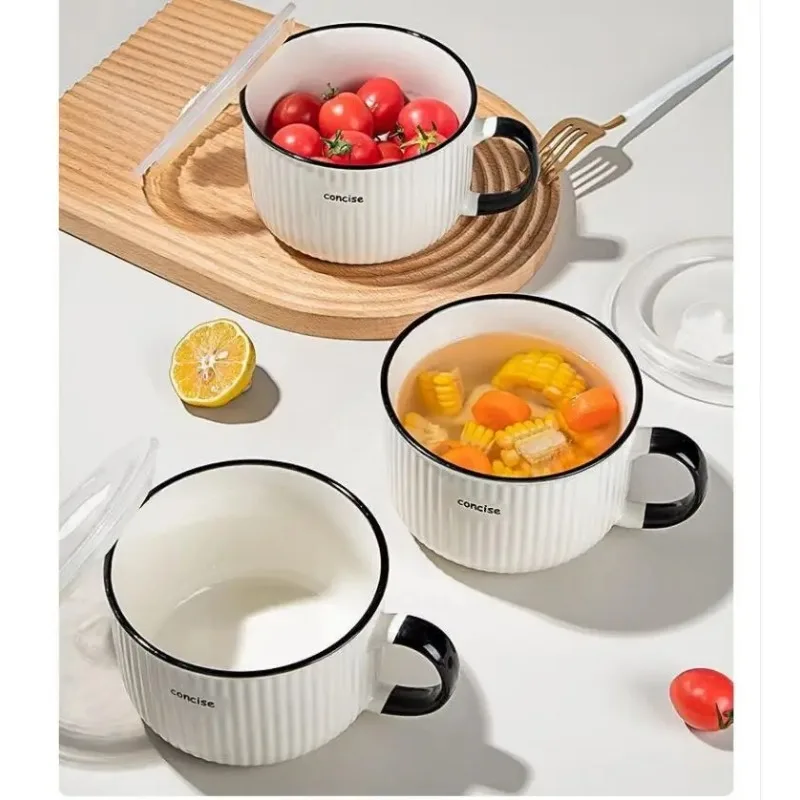 1pc Nordic Style Ceramic Instant Noodle Bowls with Plastic Lid Handle Bowl Mug Fruit Bowl Home Dormitory Office Supplies