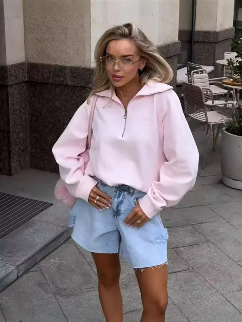Fashion Women Pink Sweatshirt American Vintage  Pullover Top 2025 New Loose Half Zip Letter Embroidery Outwear