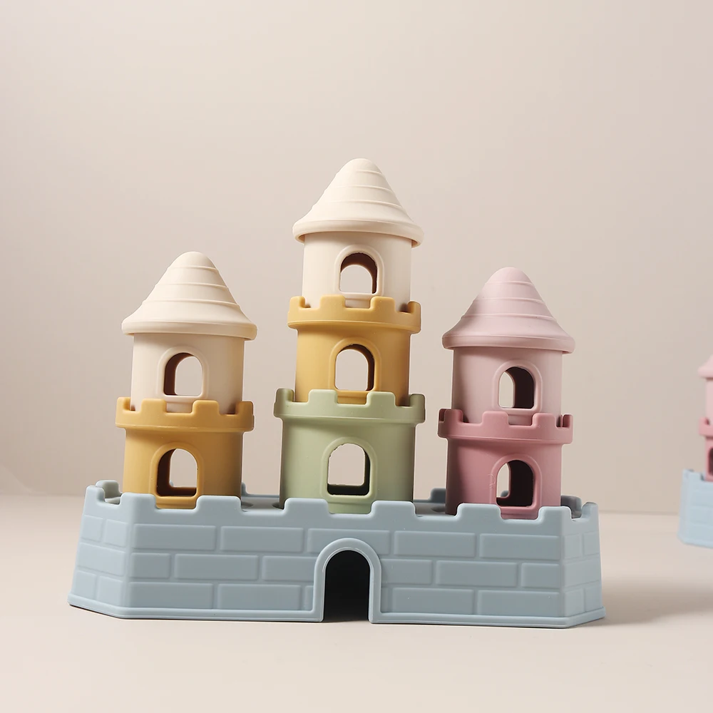 8 pçs/set brinquedos de dentição do bebê-conjunto de blocos de construção de castelo de silicone, acalmar gengivas doloridas, empilhador sensorial mastigável livre de bpa