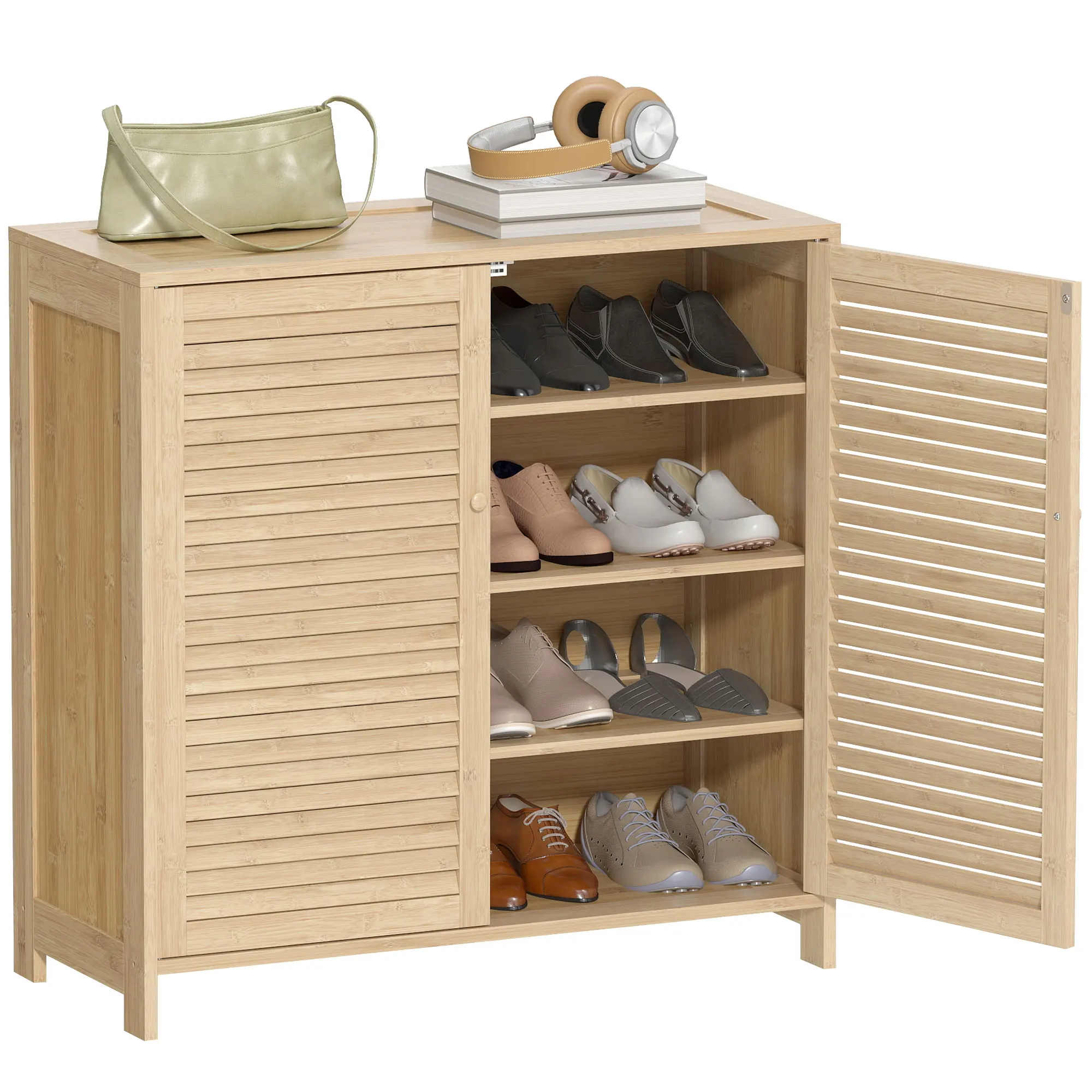 HOMCOM Armario para Zapatos de Bambú con Puertas de Persiana Capacidad para 14 Pares Estantes Ajustables Natural