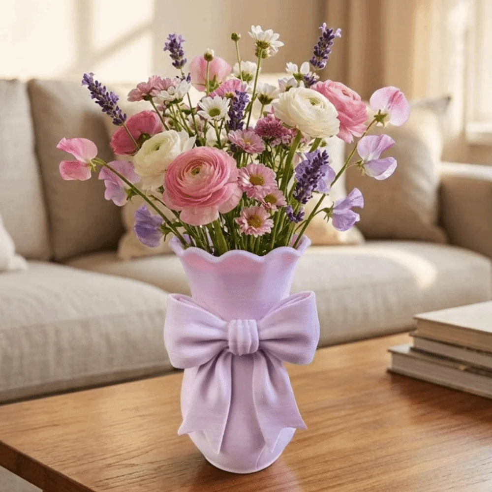 Creative 3D Printed Pink Bow Flower Vases Elegant Style Twisted Design Dried Flower Vase Decorative Flower Pot for Living Room