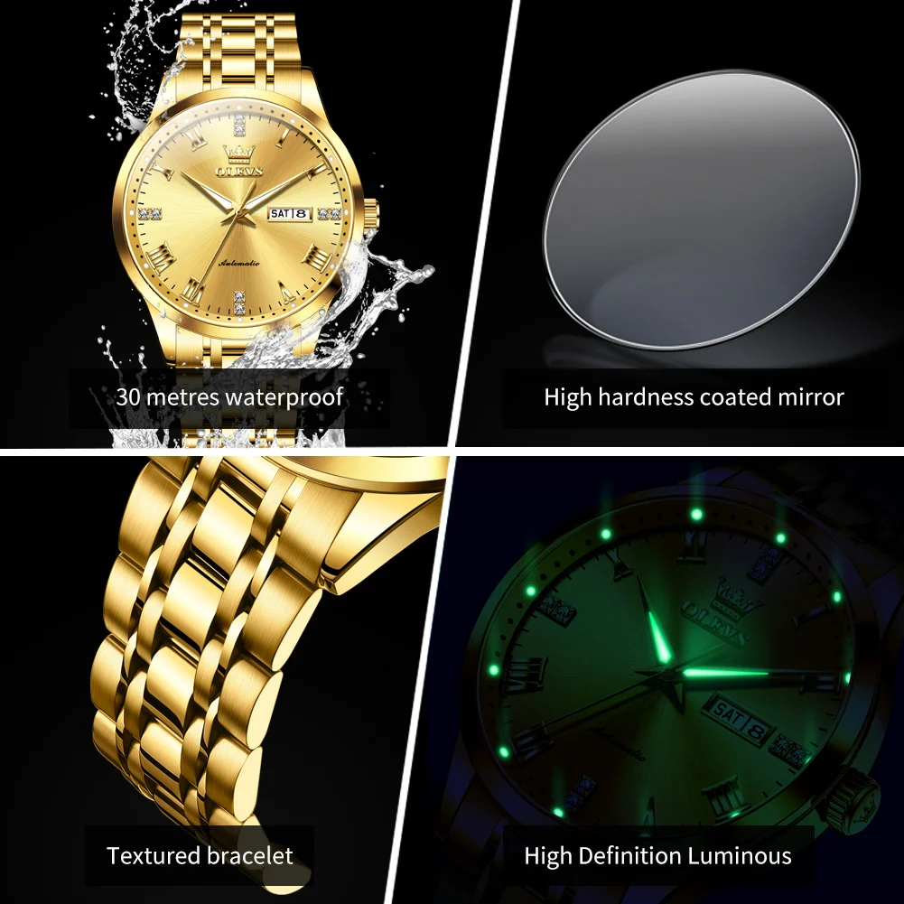 OLEVS 7062 Couple Watch Brand Luxury New Automatic Mechanical Watch Gold Waterproof Date Diamond Couple Watch for Men Women