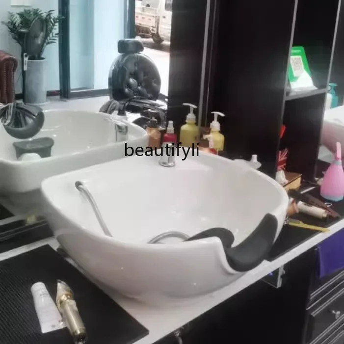 xxqBeauty Salon Ceramic Basin Men's Barber Shop Seated Shampoo Basin