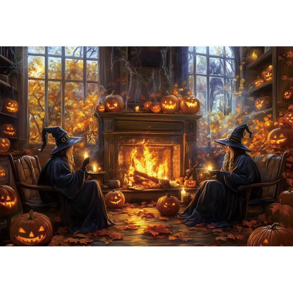 ハロウィーンの魔女の背景、古い教会の暖炉、カボチャのランタン、子供の家族の肖像画の写真、背景の装飾、スタジオの写真アクセサリー