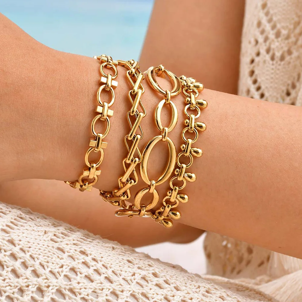 316L Stainless Steel Chunky Chain Bracelet for Women, 18k Gold Plated Waterproof Stackable Jewelry