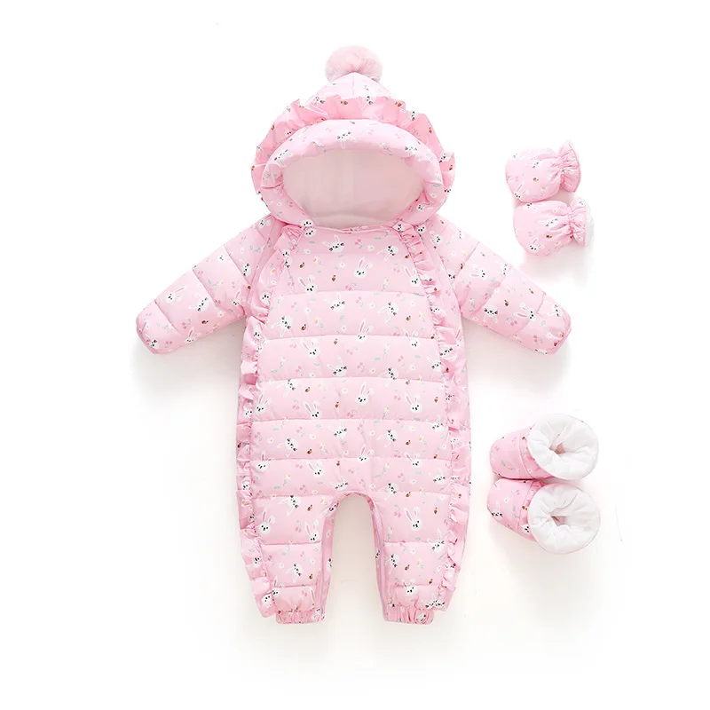 Newborn Baby Girl Jumpsuits Warm White Duck Down Rompers Infant Girls Rabbit Flower Overall Kids Outerwear Toddler Bodysuits