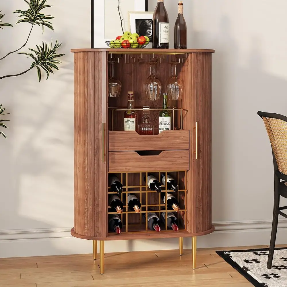 

Walnut 16-Bottle Wine Bar Cabinet with Tambour Door, Stemware Holder & Liquor Storage, for Coffee, Living Room, Kitchen