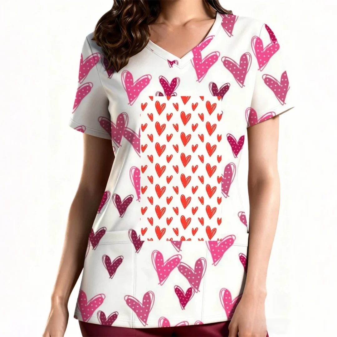 여성용 임상 유니폼 심플 러브 발렌타인 데이 테마 프린트 여성용 간호사 유니폼 루즈하고 편안한 캐주얼 일상 생활