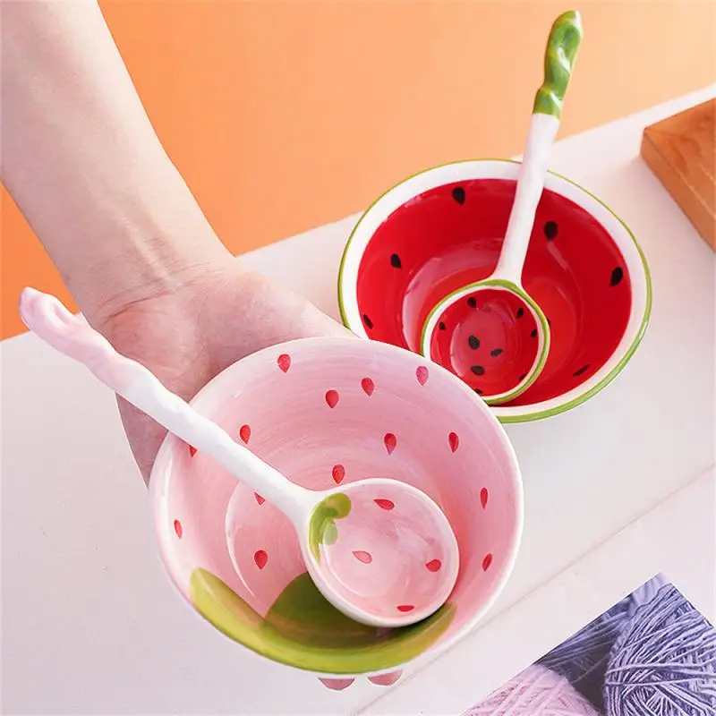 Long Handle Spoon Ceramics Cartoon Lovely Wear-resistant Durable Creative Strawberry Watermelon Bowl Energetic Cartoon Tableware