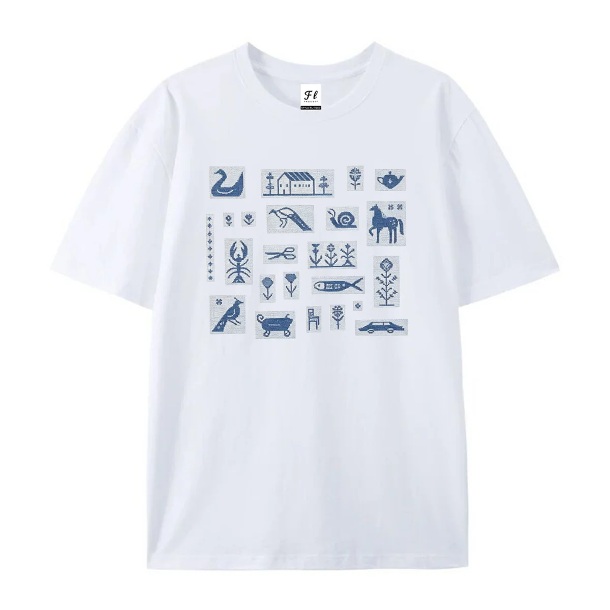 Unisex Vintage Cross Stitch Folk Art Graphic T Shirt Blue Rustic Animal Plant House Icons Print Crew Neck Daily Loose Short Tops
