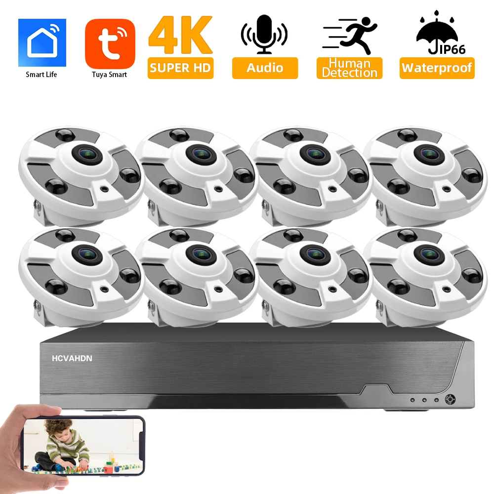 

Tuya POE Fisheye Camera CCTV Kit 4K 8CH POE NVR Kit Home 360 Panoramic Security Camera System 8MP Camera video Surveillance Set