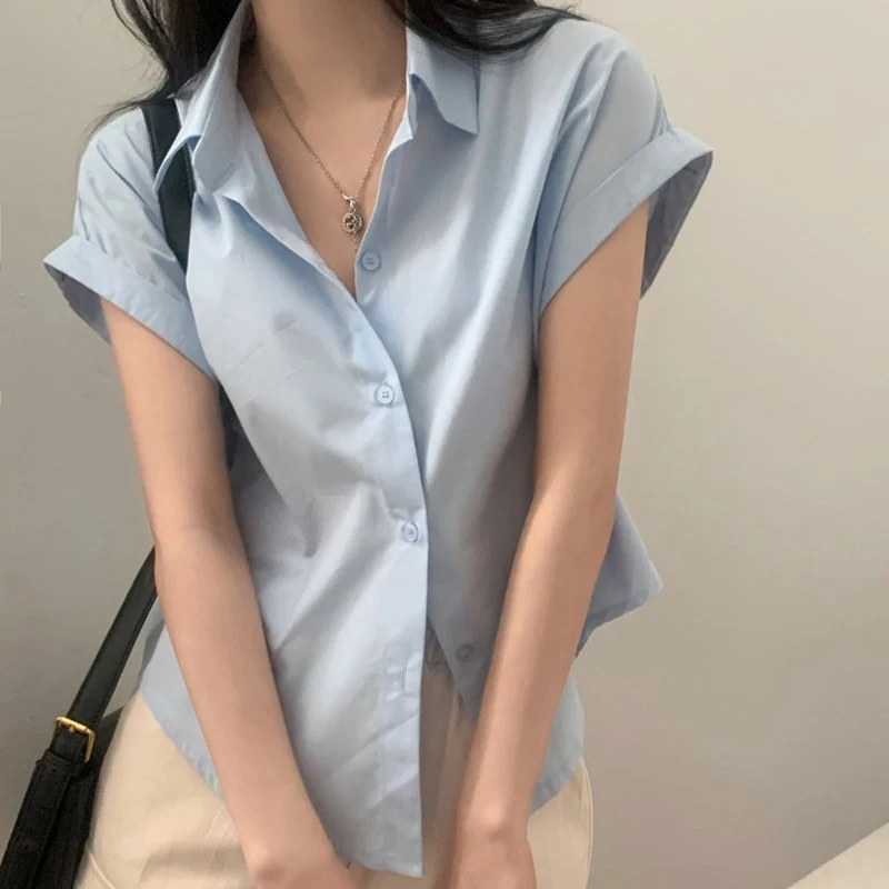 

Women's Fashion Summer Turn Down Collar Roll-Sleeved Shirt Short Sleeve Blouse Blue Tops Casual Clothes 8508