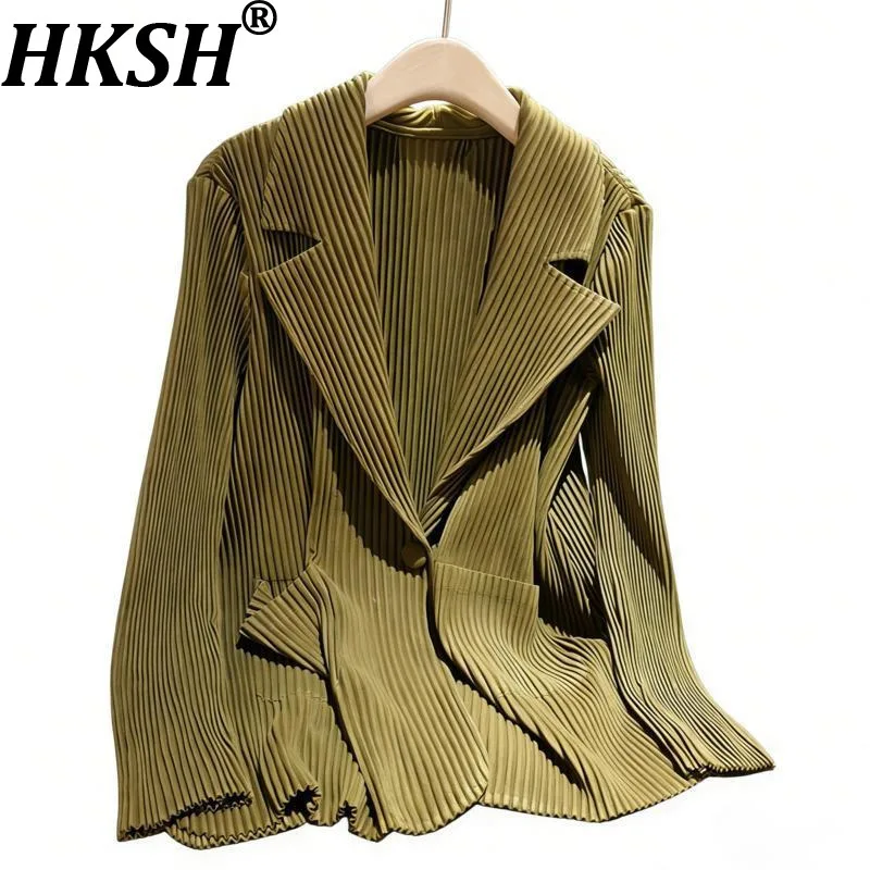 HKSH Spring Autumn New Women Jacket Notched Collar Pleated Solid Color Long Sleeves High-End Versatile Elegant Chic Coat HK17754